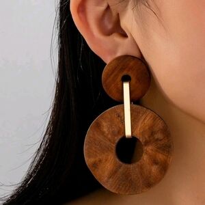 Gold & Wood Geometric Circle Hoop Earrings Boho Natural Unique Jewelry NEW